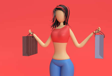 3D Render Woman Holding Shopping Bagsの写真素材