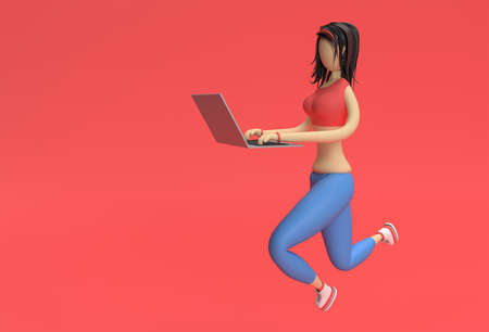 3D Render illustration of Cute Girl Working Using Laptop on a Red Background.の写真素材