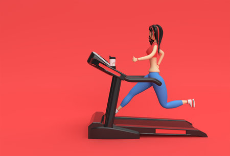 3d Rendering Cartoon Characters Woman Running Treadmill Machine on a Fitness Background.の写真素材