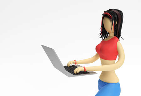 3D Render illustration of Cute Girl Working Using Laptop on a White Background.の写真素材