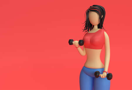 3D Render Woman Cartoon Characters Doing Exercise with Dumbbells Sportの写真素材