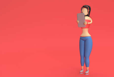 3D Render Woman Holding Smartphone and Showing Blank Screenの写真素材
