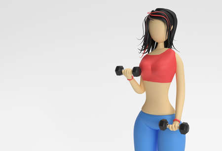 3D Render Woman Cartoon Characters Doing Exercise with Dumbbells Sportの写真素材