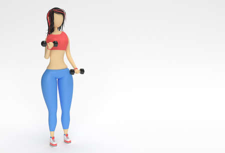3D Render Woman Cartoon Characters Doing Exercise with Dumbbells Sportの写真素材