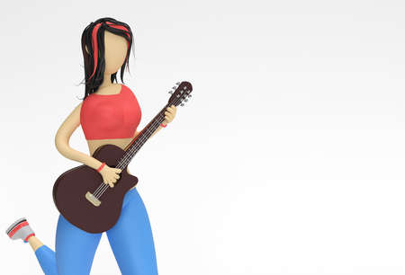 3D Render Acoustic Guitar with Woman Cartoon Characters 3d illustration Design.の写真素材