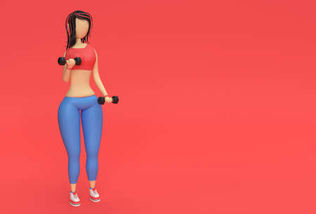 3D Render Woman Cartoon Characters Doing Exercise with Dumbbells Sportの写真素材