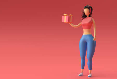 3D illustration of standing woman hand holding gift box, 3D Render Design.