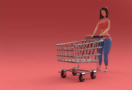 3D Render Woman with Shopping Cart Icon illustration Design.の写真素材