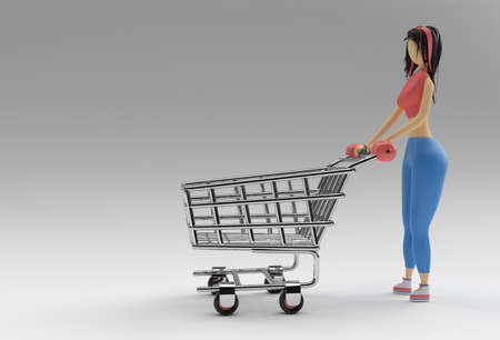 3D Render Woman with Shopping Cart Icon illustration Design.の写真素材