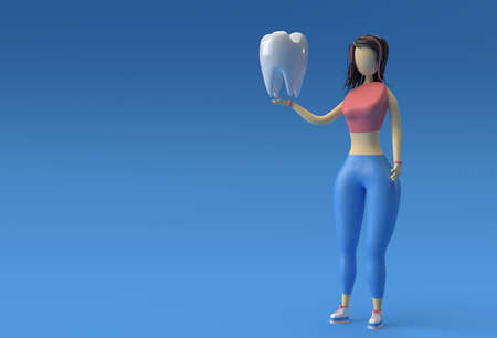 3D illustration of Standing Woman Hand Holding Teeth, 3D Render Design.の写真素材