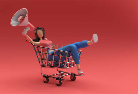 3D Render Woman with Mega Phone Shopping Cart Icon illustration Design.の写真素材