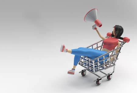 3D Render Woman with Mega Phone Shopping Cart Icon illustration Design.の写真素材