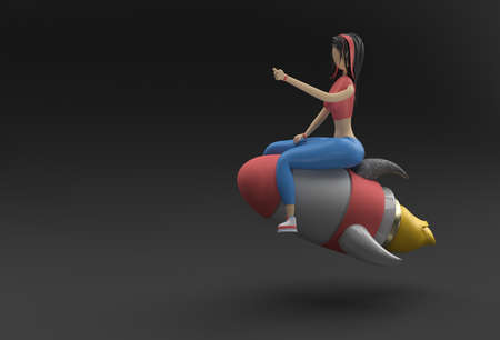 3d Render Woman Flying with Rocket 3d illustration Design.の写真素材