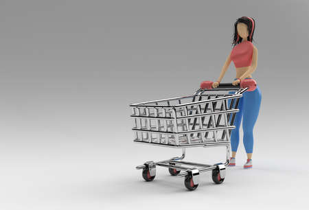 3D Render Woman with Shopping Cart Icon illustration Design.の写真素材