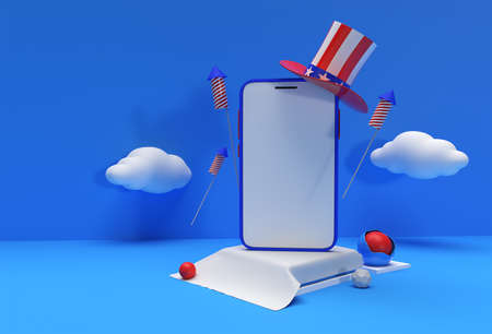 3D Render Happy 4th of July USA Independence Day and Smartphone Mockup American Flag.の写真素材