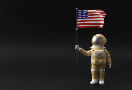 3D Render Astronaut holding Usa flag. 4th of July USA Independence Day Concept.の写真素材