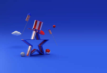 3D Render Happy 4th of July USA Independence Day Poster with American Flag Hat.