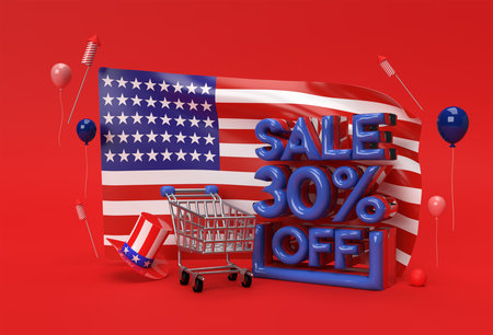 3D Render Usa flag 4th of July USA Independence Day Concept 30% Sale OFF Discount Banner.の写真素材