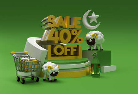 3D Render Eid Mubarak Scene of Minimal Podium Scene for Display Products Design Concept of 40% Sale OFF Eid al adha Sale Event.の写真素材