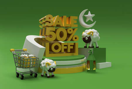 3D Render Eid Mubarak Scene of Minimal Podium Scene for Display Products Design Concept of 50% Sale OFF Eid al adha Sale Event.の写真素材