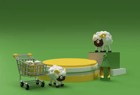 3D Render Eid Mubarak Scene of Minimal Podium Scene for Display Products Design Concept of Islamic...