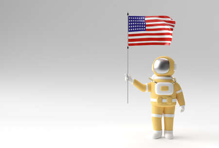 3D Render Astronaut holding Usa flag. 4th of July USA Independence Day Concept.の写真素材