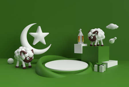 3D Render Eid Mubarak Scene of Minimal Podium Scene for Display Products Design Concept of Islamic Eid al adha Sale Event.の写真素材