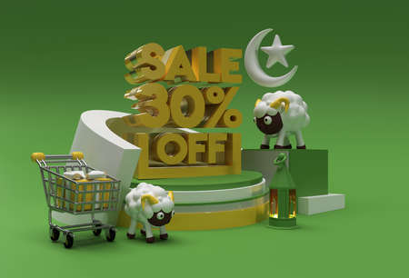 3D Render Eid Mubarak Scene of Minimal Podium Scene for Display Products Design Concept of 30% Sale OFF Eid al adha Sale Event.の写真素材