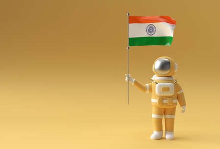 3D Render Astronaut holding India flag. India Independence Day Concept.