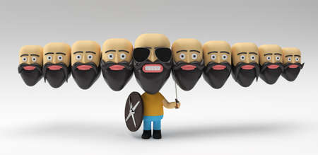 Dussehra Celebration - Ravana with Bald Ten Heads with Sword and Shield 3D Rendering Illustration.