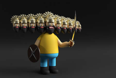 Dussehra Celebration - Ravana with ten Heads with Sword and Shield 3D Rendering Illustration.