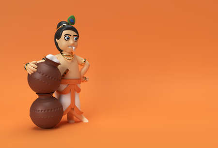 Little cartoon Krishna with a pot of butter. 3D Render illustration.の写真素材