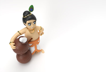 Little cartoon Krishna with a pot of butter. 3D Render illustration.の写真素材