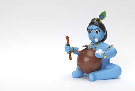 Little cartoon Krishna with a pot of butter. 3D Render illustration.の写真素材