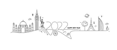 Happy New Year 2022 Text with travel world Design Patter, Vector illustration.