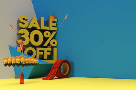 3D Render Diwali 30% Sale OFF Discount Display Products Advertising. Flyer Poster Illustration Design.の写真素材