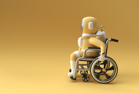 3d Render Spaceman Astronaut Sitting on wheelchair 3d illustration Design.の写真素材