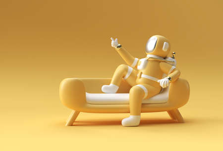 3d Render Spaceman Astronaut Sitting on Sofa with Flying Rocket 3d illustration Design.の写真素材