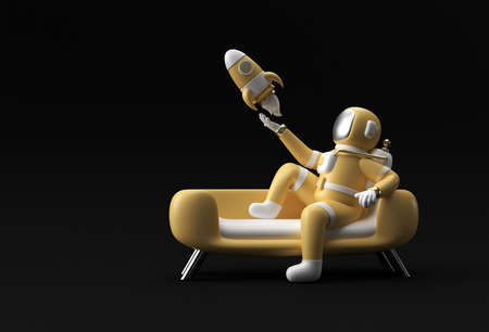 3d Render Spaceman Astronaut Sitting on Sofa with Flying Rocket 3d illustration Design.の写真素材
