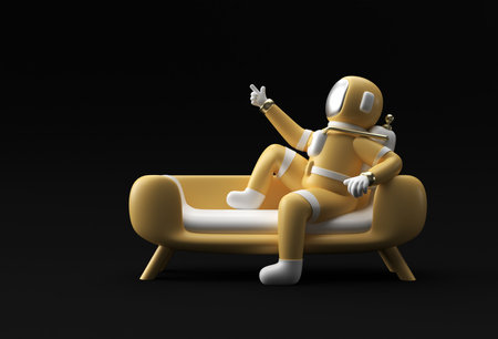 3d Render Spaceman Astronaut Sitting on Sofa with Flying Rocket 3d illustration Design.の写真素材