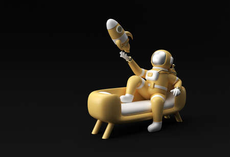 3d Render Spaceman Astronaut Sitting on Sofa with Flying Rocket 3d illustration Design.の写真素材