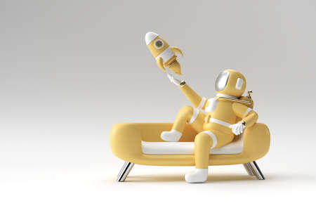 3d Render Spaceman Astronaut Sitting on Sofa with Flying Rocket 3d illustration Design.の写真素材