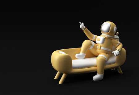 3d Render Spaceman Astronaut Sitting on Sofa with Flying Rocket 3d illustration Design.の写真素材