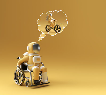3d Render Spaceman Astronaut on wheelchair think running on treadmill 3d illustration Design.の写真素材