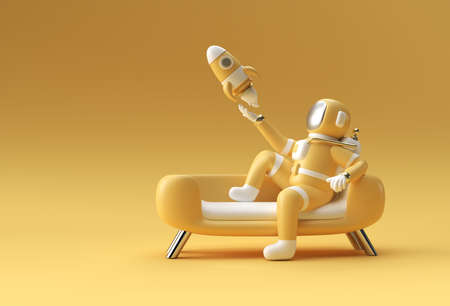 3d Render Spaceman Astronaut Sitting on Sofa with Flying Rocket 3d illustration Design.の写真素材