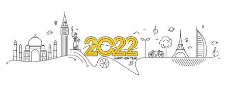Happy New Year 2022 Text with travel world Design Patter, Vector illustration.