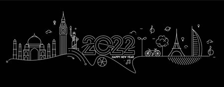 Happy New Year 2022 Text with travel world Design Patter, Vector illustration.のイラスト素材