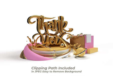 3D Render Gold Thank You Lettering Typographical Pen Tool Created Clipping Path Included in JPEG Easy to Composite.の写真素材