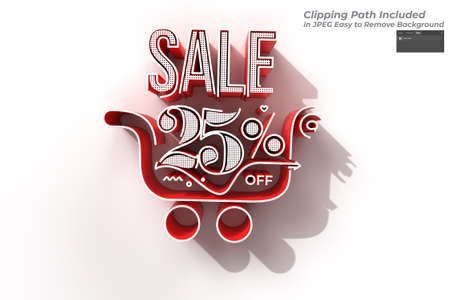 3D Render Abstract 25% Sale OFF with Shopping Cart Discount Banner Pen Tool Created Clipping Path Included in JPEG Easy to Composite.の写真素材