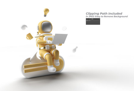 Astronaut Sitting on Sbar with working on laptop Pen Tool Created Clipping Path Included in JPEG Easy to Composite.の写真素材